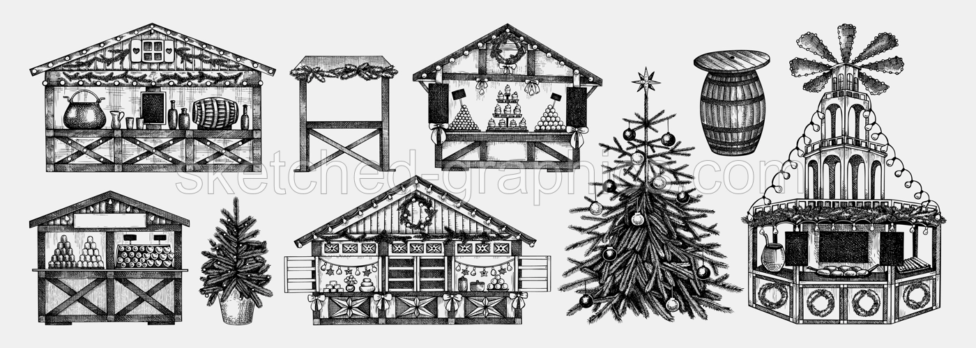 Christmas market design elements. Hand drawn vector illustration. Traditional winter holiday marketplace. Wooden stall kiosk, Christmas tree, candy shop, bakery, fast food, mulled wine sketches Illustration